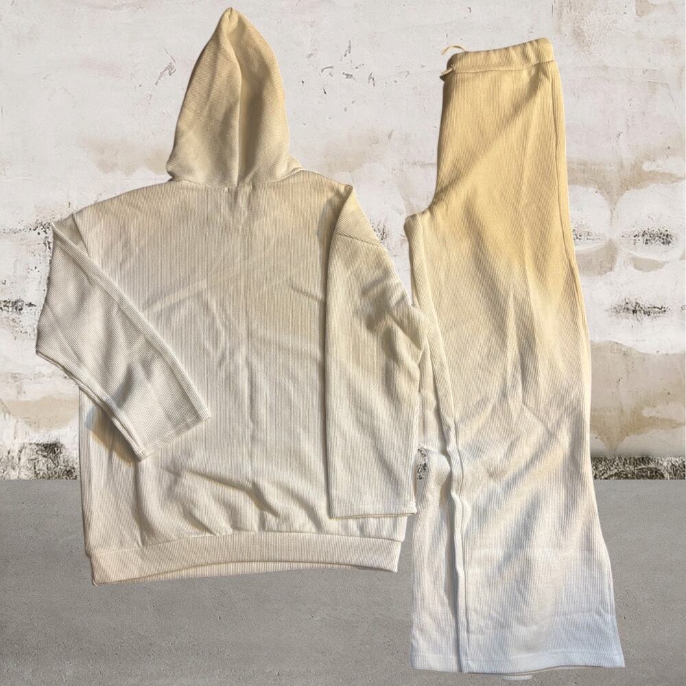 Oneleven Cream Ribbed Hoodie & Wide-Leg Lounge Pant Set Size Medium NWT - Picture 3 of 5